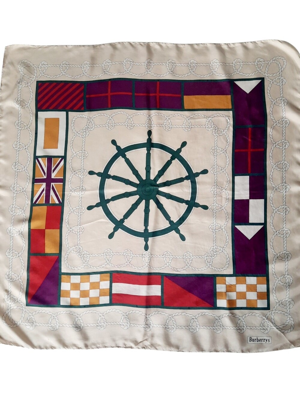 Vintage BURBERRY Nautical Wheel & Flags Square Silk Scarf 33" Ecru/Multi - Picture 2 of 11